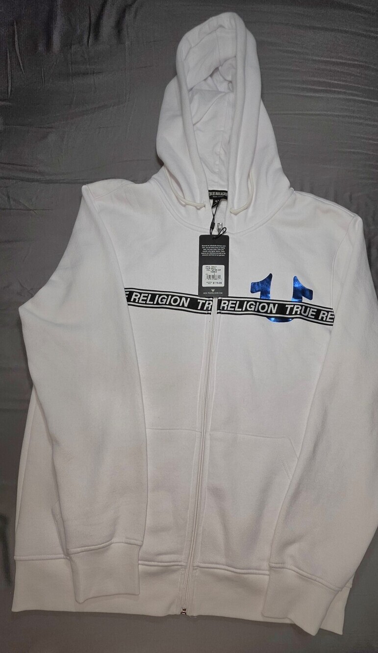 NWT True Religion Foil Taping Zip Hoodie Men's Size Large White Sku 163